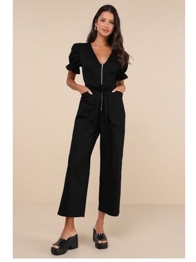 Lulus Incredible Cutie Black Twill Puff Sleeve Zip-Front Jumpsuit size Large